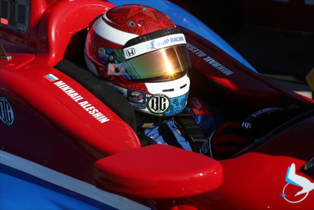 Mikhail Aleshin sits in his No. 7 SMP Bank Honda on pit lane prior to practice for the ABC Supply 500 at Pocono Raceway -- Photo by: Chris Jones