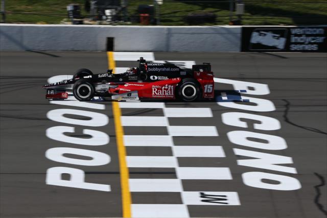 Graham Rahal flashes across the start/finish line during practice for the ABC Supply 500 at Pocono Raceway -- Photo by: Chris Jones