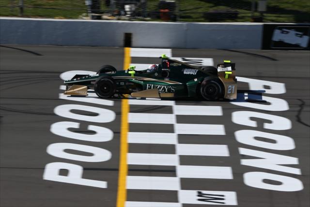 Josef Newgarden flashes across the start/finish line during practice for the ABC Supply 500 at Pocono Raceway -- Photo by: Chris Jones