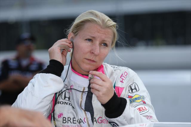 Pippa Mann gets prepared for her qualification attempt for the ABC Supply 500 at Pocono Raceway -- Photo by: Chris Jones
