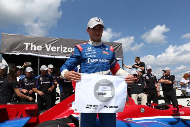 Mikhail Aleshin celebrates his first Verizon P1 Award after winning the pole position for the ABC Supply 500 at Pocono Raceway -- Photo by: Chris Jones