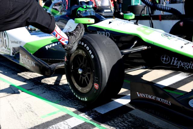 Justin Wilson tribute socks in Conor Daly's pit stall during practice for the ABC Supply 500 at Pocono Raceway -- Photo by: Chris Jones