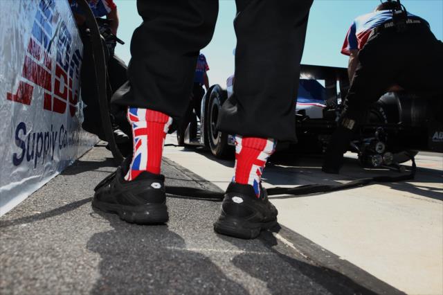 Justin Wilson tribute socks in the A.J. Foyt Enterprises pit stall during practice for the ABC Supply 500 at Pocono Raceway -- Photo by: Chris Jones