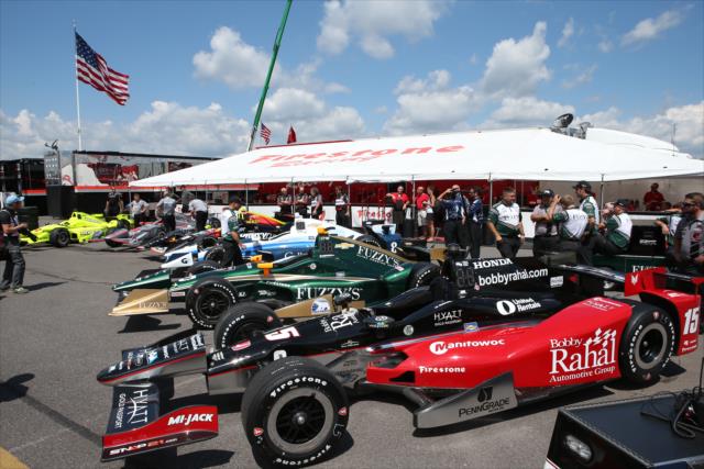 Verizon IndyCar Series cars lined up near technical inspection prior to qualifications for the ABC Supply 500 at Pocono Raceway -- Photo by: Chris Jones