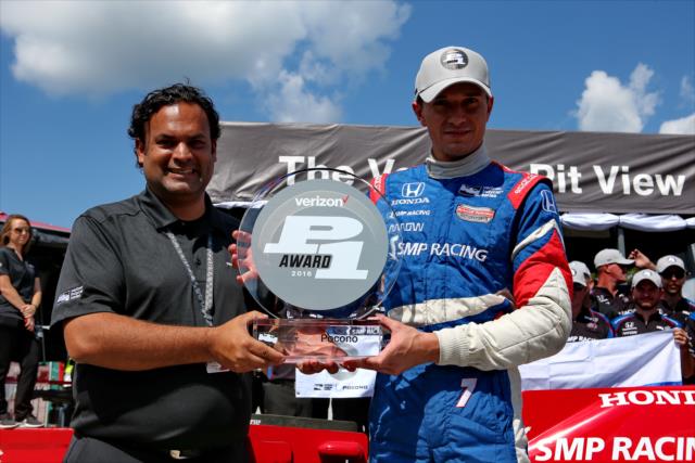 Mikhail Aleshin accepts the Verizon P1 Award after winning the pole position for the ABC Supply 500 at Pocono Raceway -- Photo by: Chris Jones