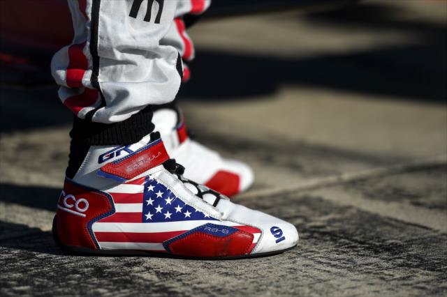 Graham Rahal sporting the stars and stripes on pit lane prior to practice for the ABC Supply 500 at Pocono Raceway -- Photo by: Chris Owens