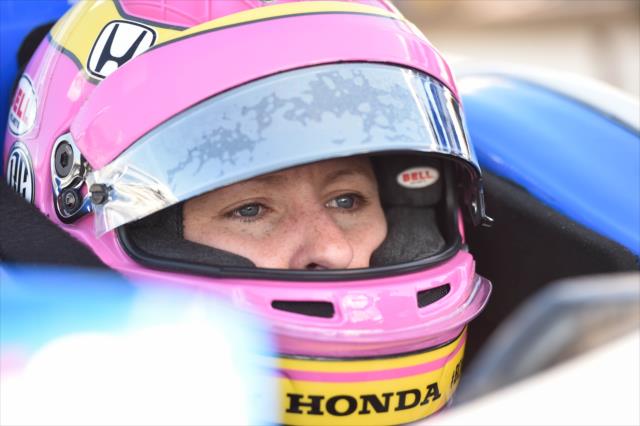 Pippa Mann sits in her No. 19 Scouting Honda on pit lane prior to practice for the ABC Supply 500 at Pocono Raceway -- Photo by: Chris Owens