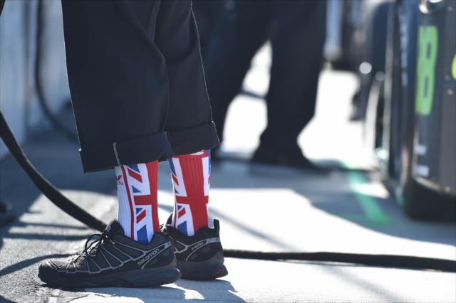 Justin Wilson tribute socks in the Dale Coyne Racing pit stall during practice for the ABC Supply 500 at Pocono Raceway -- Photo by: Chris Owens