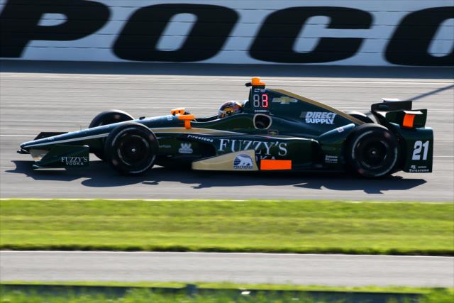 JR Hildebrand exits Turn 3 during the final practice for the ABC Supply 500 at Pocono Raceway -- Photo by: Bret Kelley