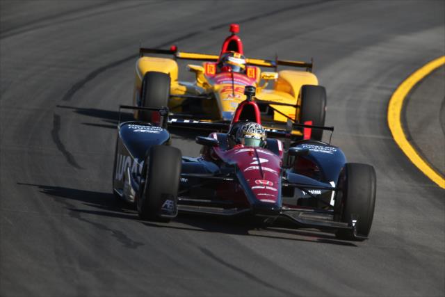 Sebastian Saavedra and Ryan Hunter-Reay race through Turn 3 during practice for the ABC Supply 500 at Pocono Raceway -- Photo by: Bret Kelley