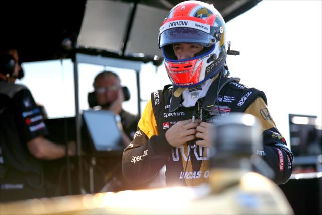 James Hinchcliffe zips up his firesuit prior to practice for the ABC Supply 500 at Pocono Raceway -- Photo by: Chris Jones