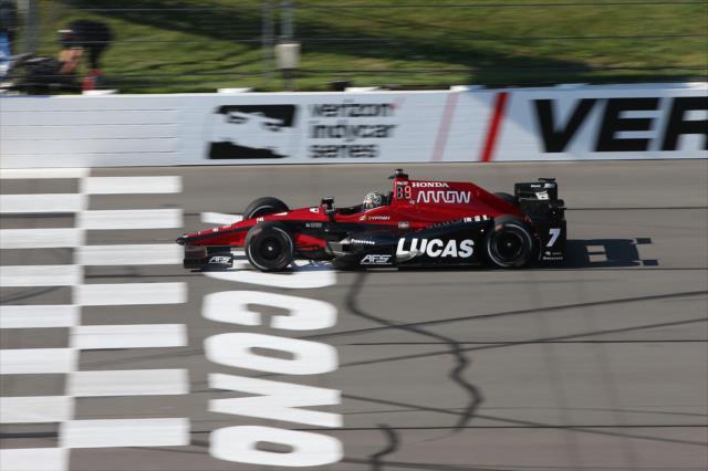 Sebastian Saavedra flashes across the start/finish line during practice for the ABC Supply 500 at Pocono Raceway -- Photo by: Chris Jones