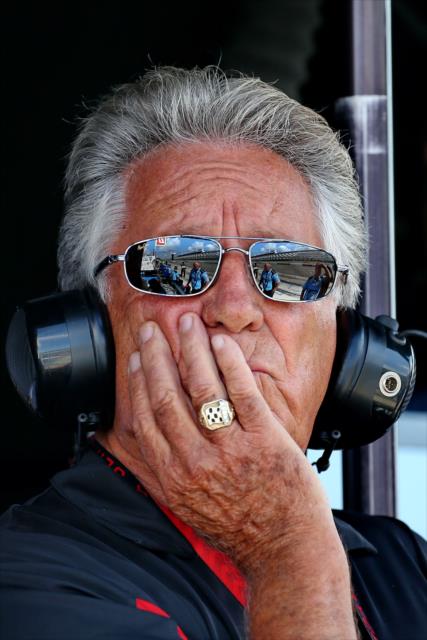 Legend Mario Andretti watches track action from the Andretti Autosport pit stand during practice for the ABC Supply 500 at Pocono Raceway -- Photo by: Chris Jones