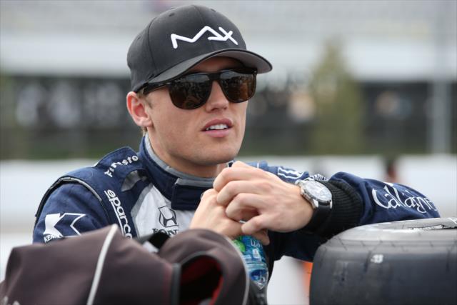 Max Chilton chats with his team prior to his qualification attempt for the ABC Supply 500 at Pocono Raceway -- Photo by: Chris Jones