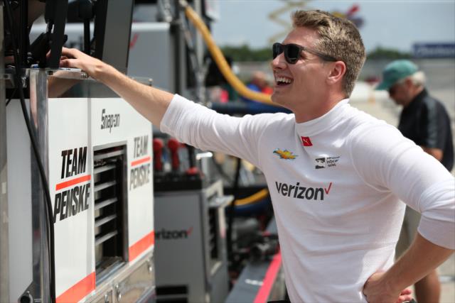 Josef Newgarden chats with his engineers along pit lane prior to his qualification attempt for the ABC Supply 500 at Pocono Raceway -- Photo by: Chris Jones