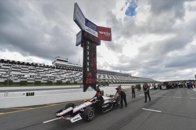 Team Penske wheels the No. 1 Hitachi Chevrolet of Josef Newgarden onto pit lane prior to qualifications for the ABC Supply 500 at Pocono Raceway -- Photo by: Chris Owens