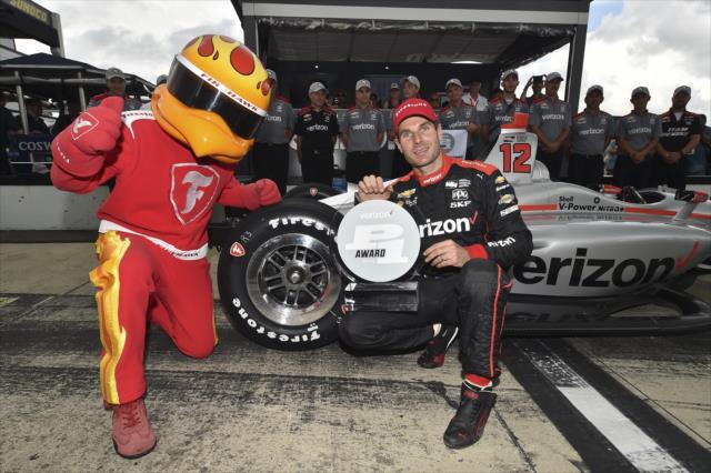 Will Power with the Verizon P1 Award on pit lane after winning the pole position for the ABC Supply 500 at Pocono Raceway -- Photo by: Chris Owens