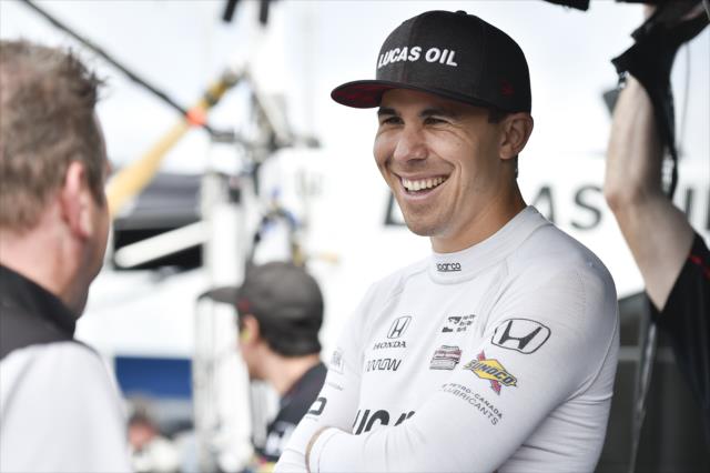 Robert Wickens chats with his team along pit lane prior to his qualification attempt for the ABC Supply 500 at Pocono Raceway -- Photo by: Chris Owens