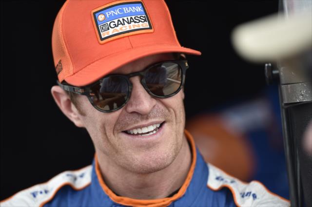 Scott Dixon chats with his team along pit lane prior to his qualification attempt for the ABC Supply 500 at Pocono Raceway -- Photo by: Chris Owens
