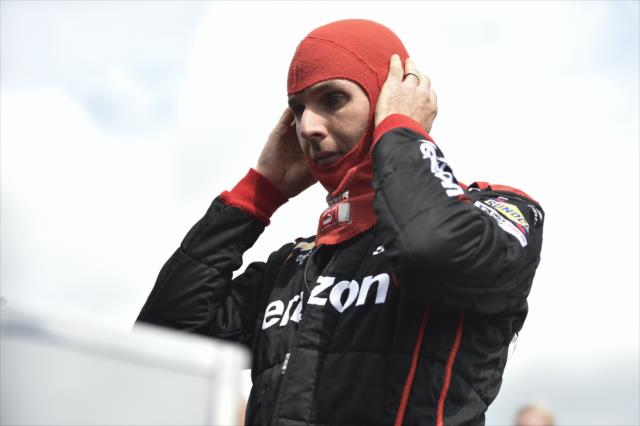 Will Power adjusts his balaclava along pit lane prior to his qualification attempt for the ABC Supply 500 at Pocono Raceway -- Photo by: Chris Owens