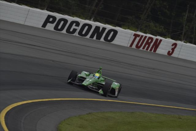 Spencer Pigot races through Turn 3 during practice for the ABC Supply 500 at Pocono Raceway -- Photo by: Chris Owens