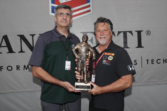 Michael Andretti is awarded his 2018 Eastern Motorsport Press Association Hall-Of-Fame trophy from EMPA president Dino Oberto at Pocono Raceway -- Photo by: Joe Skibinski