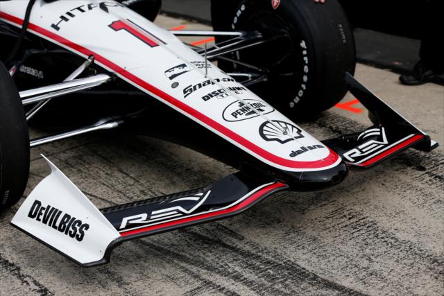 The front wing of Josef Newgarden with the new aero attachments prior to practice for the ABC Supply 500 at Pocono Raceway -- Photo by: Joe Skibinski
