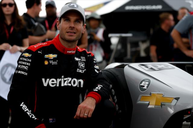 Will Power with the Verizon P1 Award emblem on his machine after winning the pole position for the ABC Supply 500 at Pocono Raceway -- Photo by: Joe Skibinski