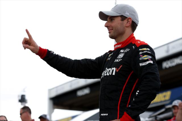 Will Power celebrates on pit lane after winning the Verizon P1 Award and the pole position for the ABC Supply 500 at Pocono Raceway -- Photo by: Joe Skibinski