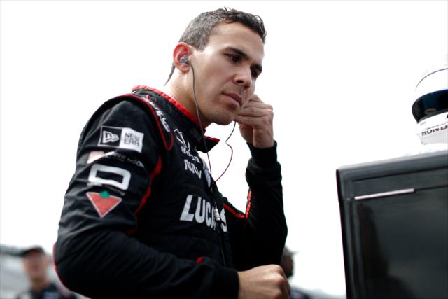Robert Wickens sets his earpieces along pit lane prior to practice for the ABC Supply 500 at Pocono Raceway -- Photo by: Joe Skibinski