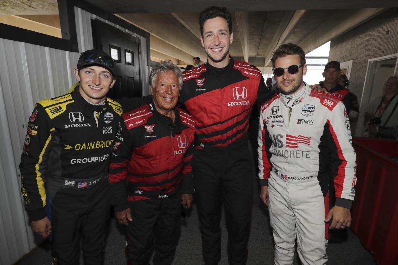 Zach Veach, Marco Andretti and Mario Andretti with Honda Fastest Seat in Sports rider Dr. Mike -- Photo by: Chris Owens