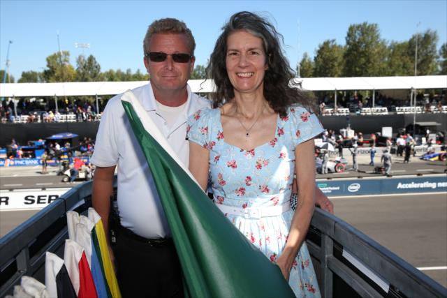 INDYCAR Starter Paul Blevin with honorary starter, City of Portland Commissioner Amanda Fritz, prior to the start of the Grand Prix of Portland at Portland International Raceway -- Photo by: Chris Jones