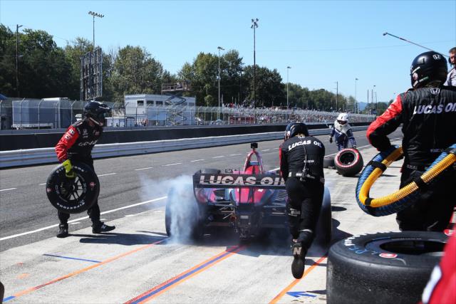 Carlos Munoz peels out of his pit stall after service during the Grand Prix of Portland at Portland International Raceway -- Photo by: Chris Jones