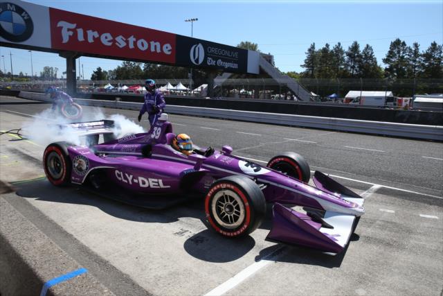 Santino Ferrucci peels out of his pit stall following service during the Grand Prix of Portland at Portland International Raceway -- Photo by: Chris Jones