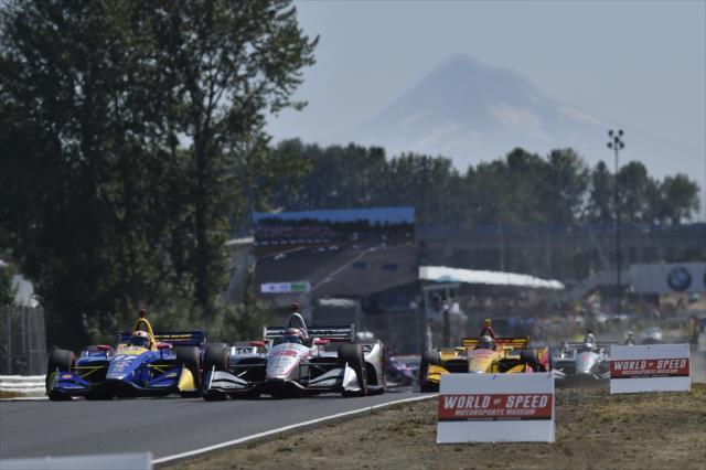 Alexander Rossi and Will Power go wheel-to-wheel setting up for Turn 4 during the Grand Prix of Portland at Portland International Raceway -- Photo by: Chris Owens