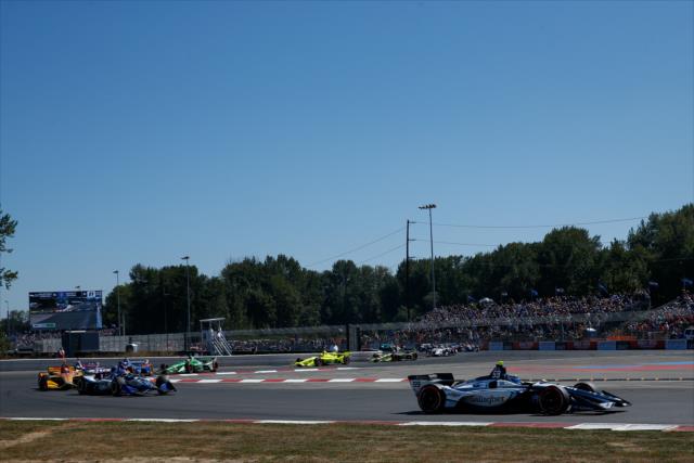 Max Chilton leads the field through Turns 1-2 during the later states of the Grand Prix of Portland at Portland International Raceway -- Photo by: Joe Skibinski