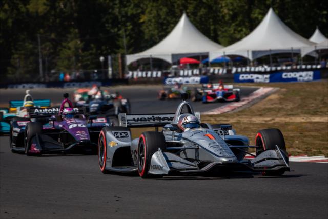 Josef Newgarden leads a train of cars into Turn 6 during the Grand Prix of Portland at Portland International Raceway -- Photo by: Stephen King