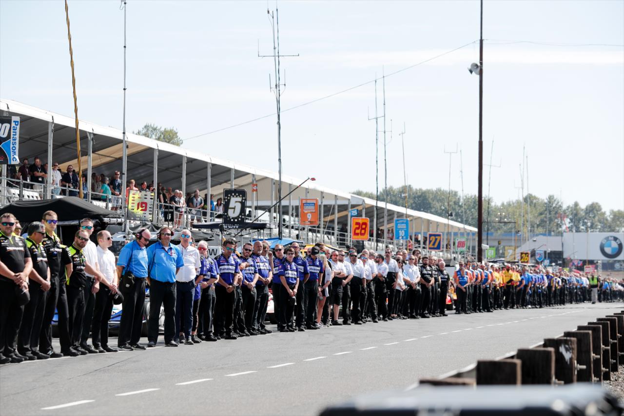 NTT IndyCar Series teams holding a moment of silence for Formula 2 driver Anthoine Hubert -- Photo by: Joe Skibinski