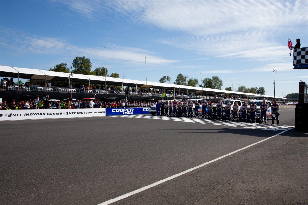 AMR INDYCAR Safety Team holding a moment of silence for Formula 2 driver Anthoine Hubert -- Photo by: Stephen King