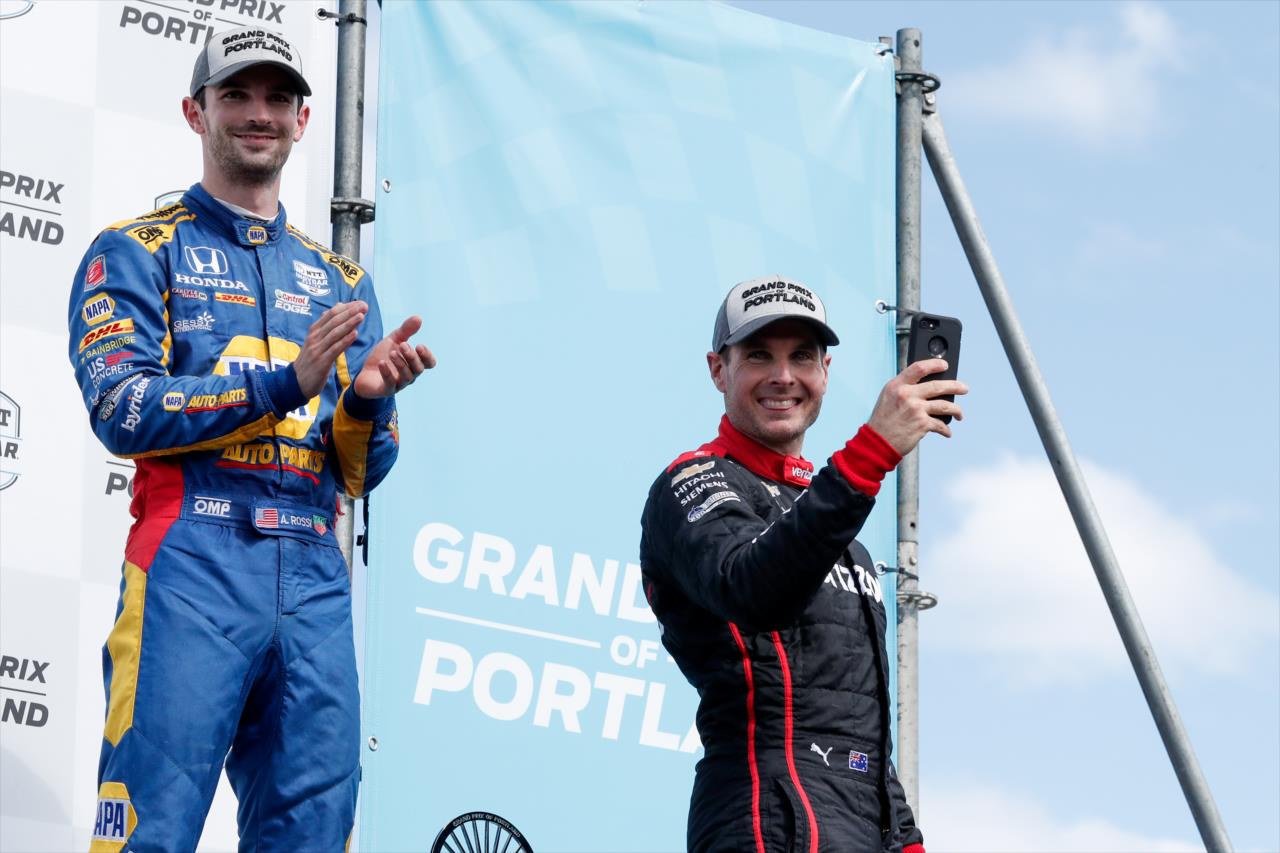 Will Power and Alexander Rossi on the Grand Prix of Portland podium
 -- Photo by: Joe Skibinski