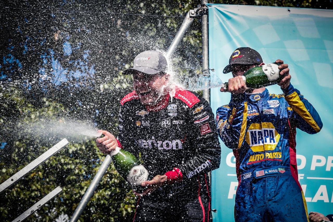 Will Power and Alexander Rossi celebrate their Grand Prix of Portland podium -- Photo by: Joe Skibinski