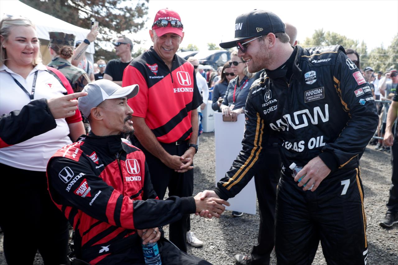 Honda Fastest Seat in Sports rider Will Groulx meeting Conor Daly -- Photo by: Joe Skibinski