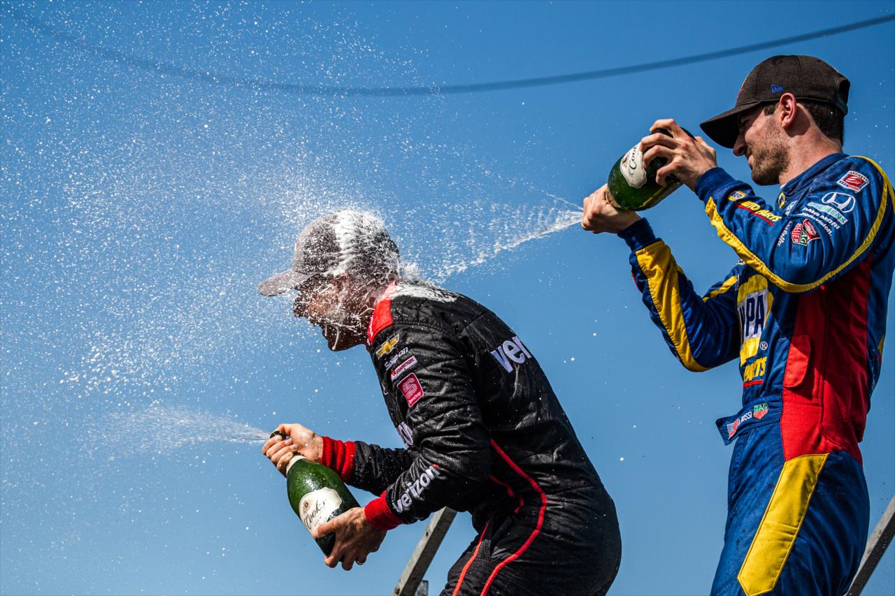 Will Power and Alexander Rossi celebrate on the Grand Prix of Portland podium -- Photo by: Stephen King