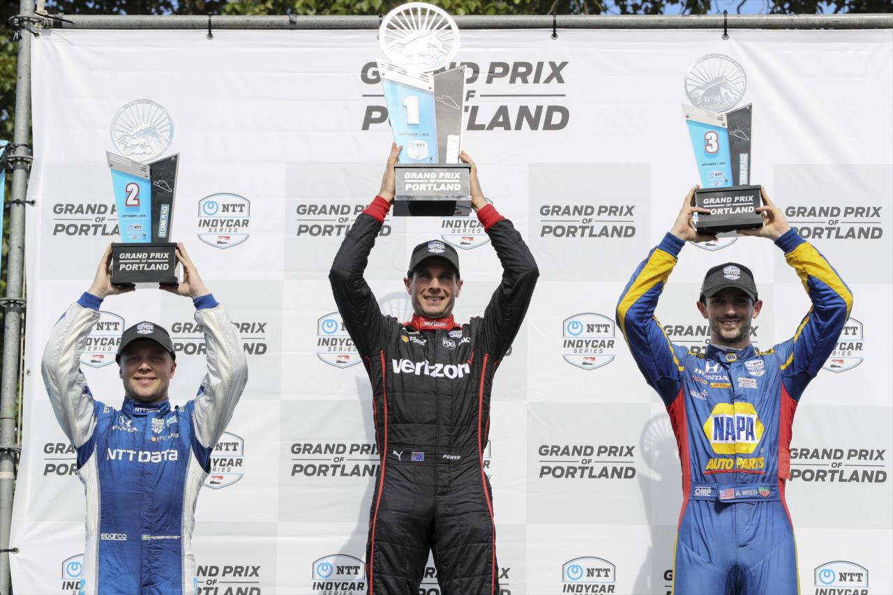 Felix Rosenqvist, Will Power and Alexander Rossi on the Grand Prix of Portland podium -- Photo by: Chris Owens
