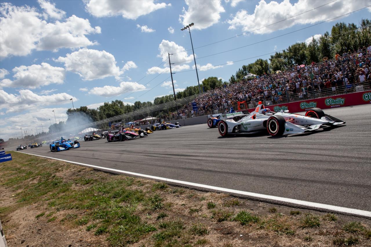Colton Herta leads the field to Turn 1 -- Photo by: Stephen King