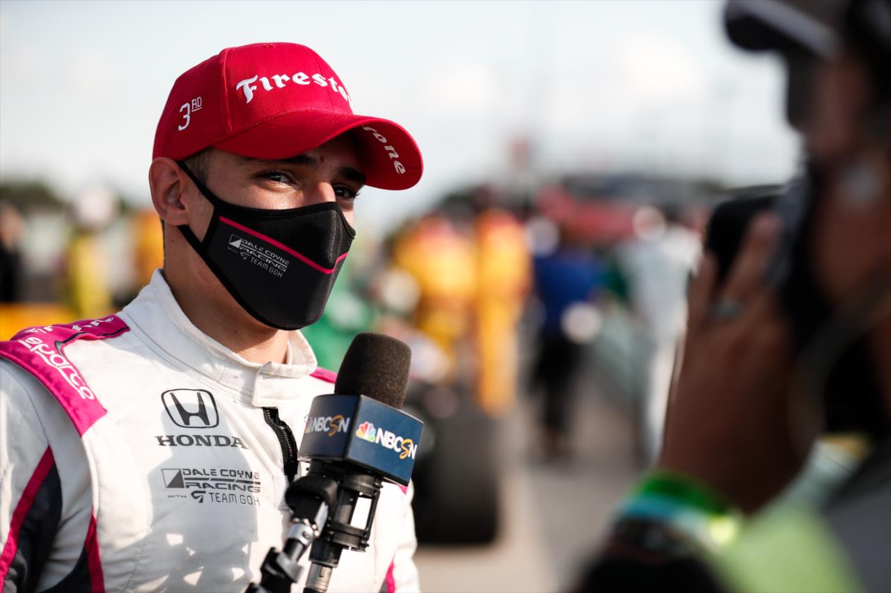 Alex Palou speaking with NBCSN after finishing 3rd in the REV Group Grand Prix Race 1 at Road America Saturday, July 11, 2020 -- Photo by: Joe Skibinski
