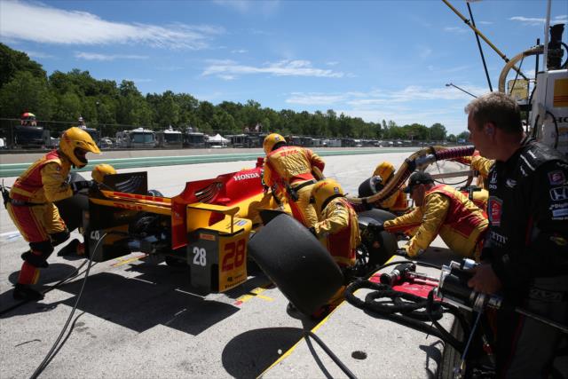 Ryan Hunter-Reay comes in for fuel and tires on pit lane during the KOHLER Grand Prix of Road America -- Photo by: Chris Jones