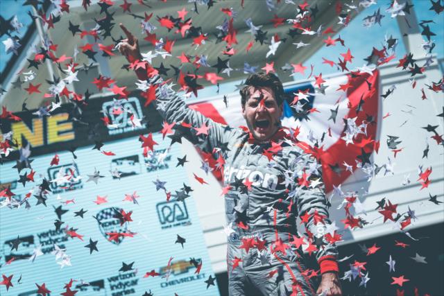Will Power celebrates in Victory Lane after winning the KOHLER Grand Prix at Road America -- Photo by: Joe Skibinski