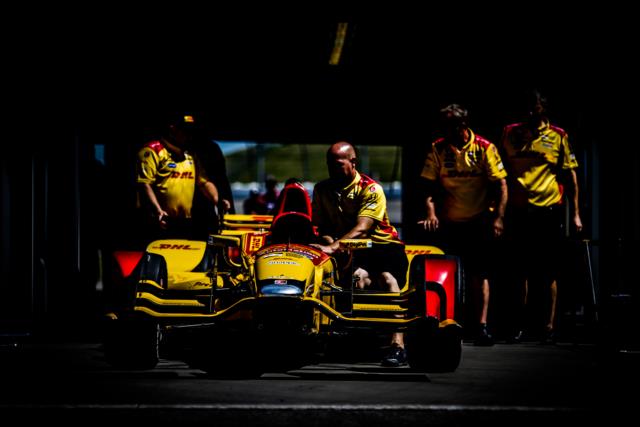 The No. 28 DHL Honda of Ryan Hunter-Reay rolls through technical inspection prior to practice for the Iowa Corn 300 at Iowa Speedway -- Photo by: Shawn Gritzmacher