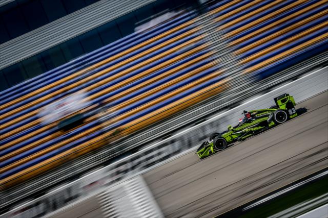 Charlie Kimball streaks toward the start/finish line during practice for the Iowa Corn 300 at Iowa Speedway -- Photo by: Shawn Gritzmacher